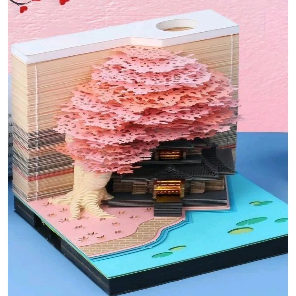 3D Memo Pad Paper Carving Art Tree House Notepad with Light Desk Pen Holder Gift